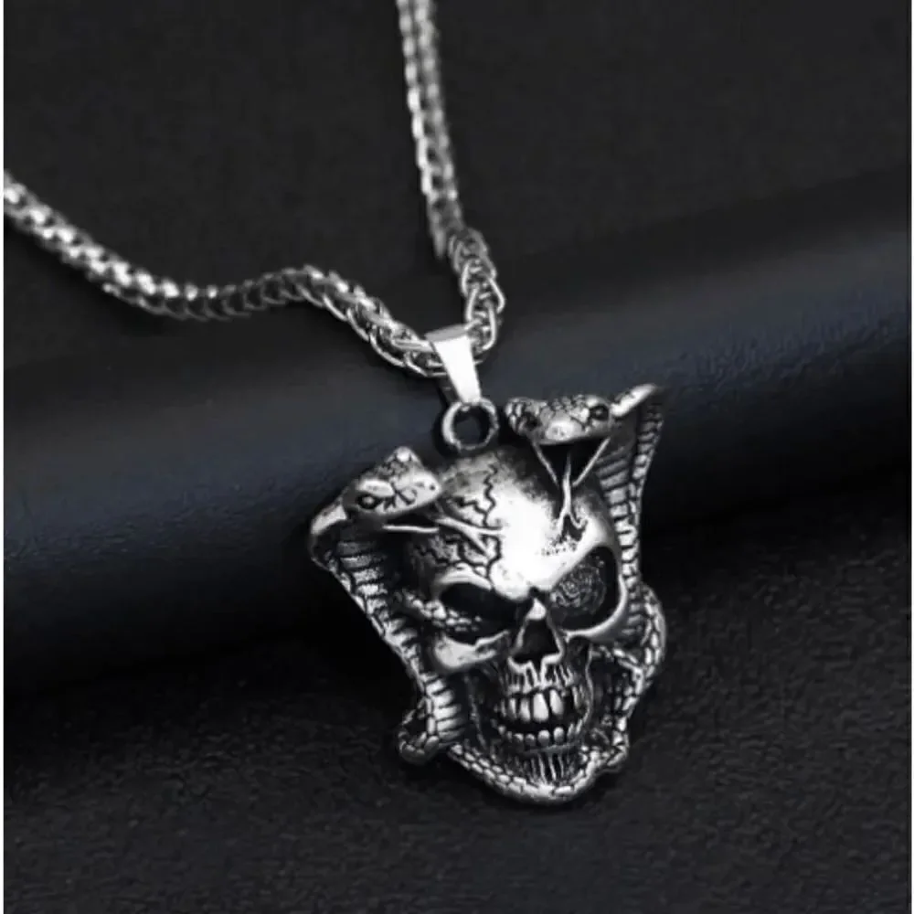 Skull Double Snake Stainless Steel Unisex Pendant Necklace